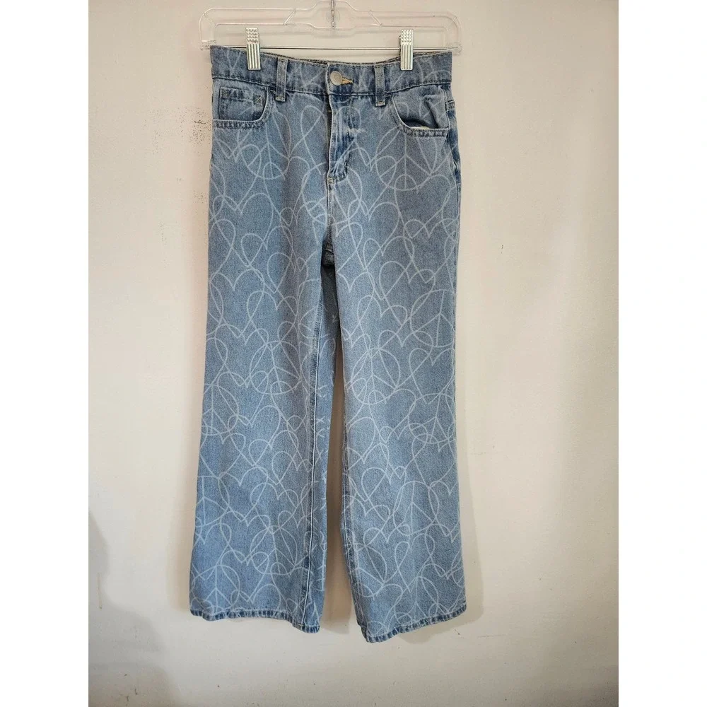 Justice Girls Size 12 Wide‎ Leg Jeans Light Wash Heart Peace Sign Print Cotton